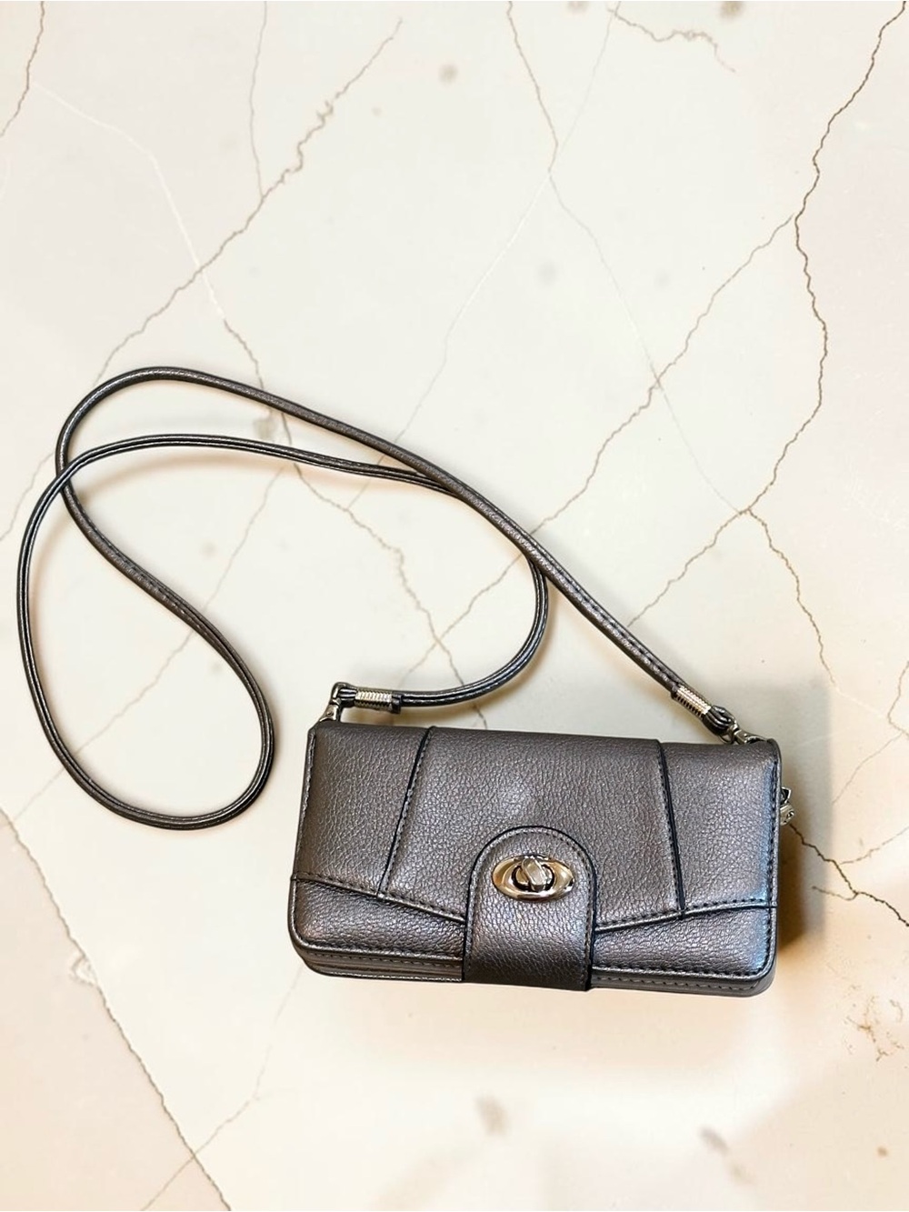 NEW Metallic Pewter Crossbody Wallet Purse with Turn-Lock Closure 7.5” x 4”